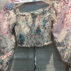 Pink Smocked Crop Blouse with Flutter Sleeves and Long Sleeves